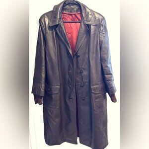 Vintage 70s leather trench coat jacket midi brown retro hipster boho unisex XL